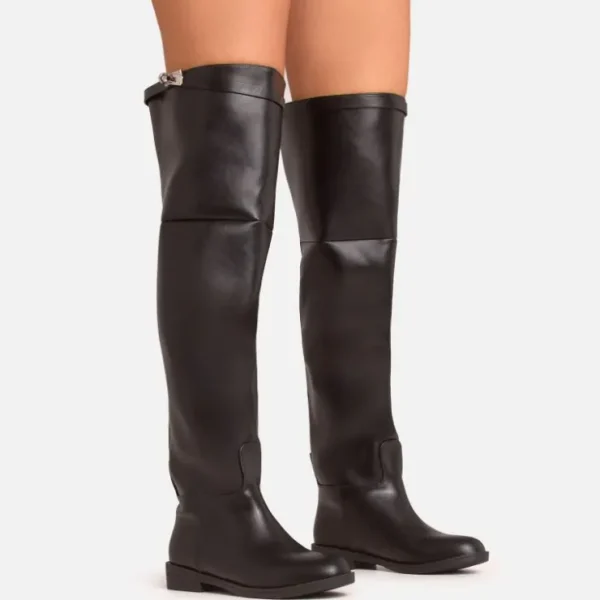 Cheap Old-Money Lock Detail Over The Knee Thigh High Boot In Black Faux Leather Winter Boots | Biker Boots