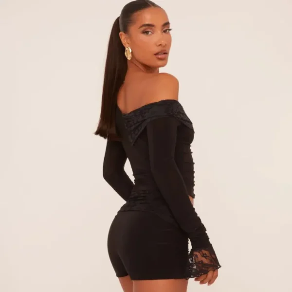 Cheap One Shoulder Asymmetric Lace Detail Ruched Long Sleeve Crop Top In Black Slinky Shorts Sets | Long Sleeve Tops