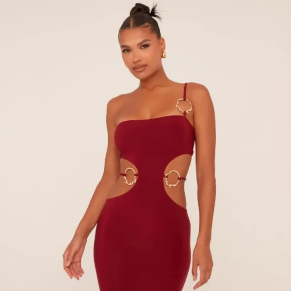 Shop One Shoulder Cut Out Ring Detail Maxi Dress In Wine Slinky Maxi Dresses | Cut Out Dresses