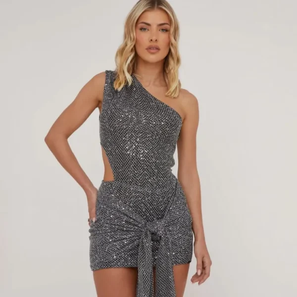 Cheap One Shoulder Cut Out Side Knot Detail Mini Bodycon Dress In Grey Sequin Cut Out Dresses