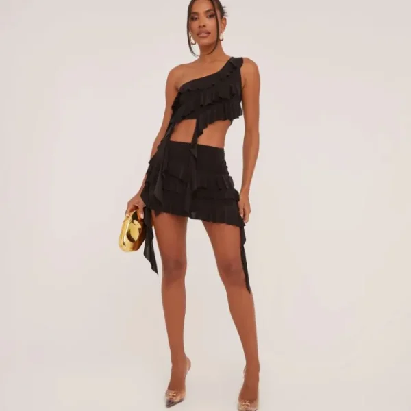 Outlet One Shoulder Frilly Crop Top In Black Slinky Crop Tops