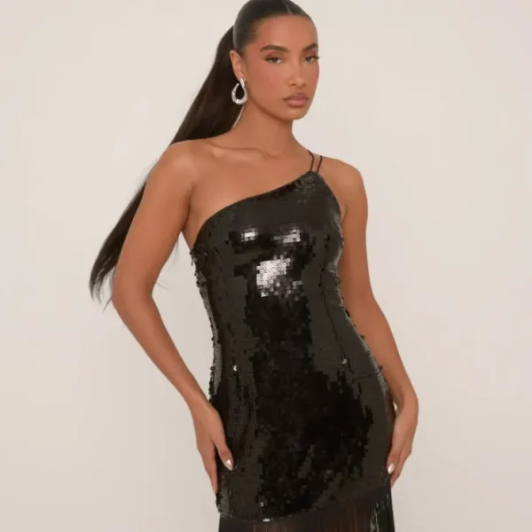 Online One Shoulder Fringed Midi Dress In Black Sequin Party Outfits