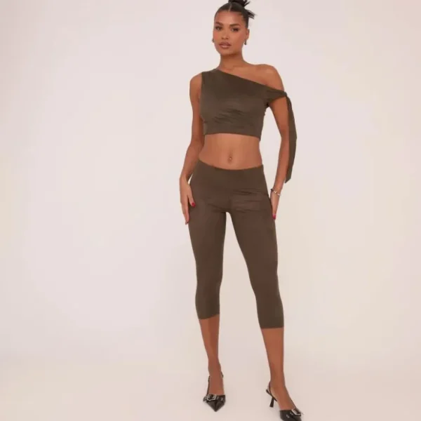 Discount One Shoulder Tie Side Crop Top In Green Faux Suede Basics | Basics