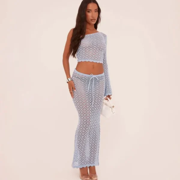 New One Sleeve Crop Top In Light Blue Crochet Knit Knitted Co-Ords | Knitted Sets