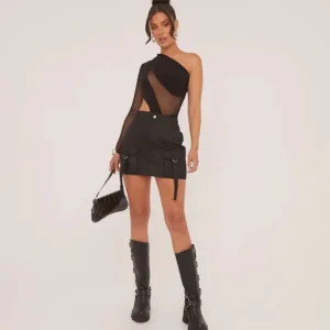 Store One Sleeve Mesh Insert Ruched Bodysuit In Black Slinky Bodysuits