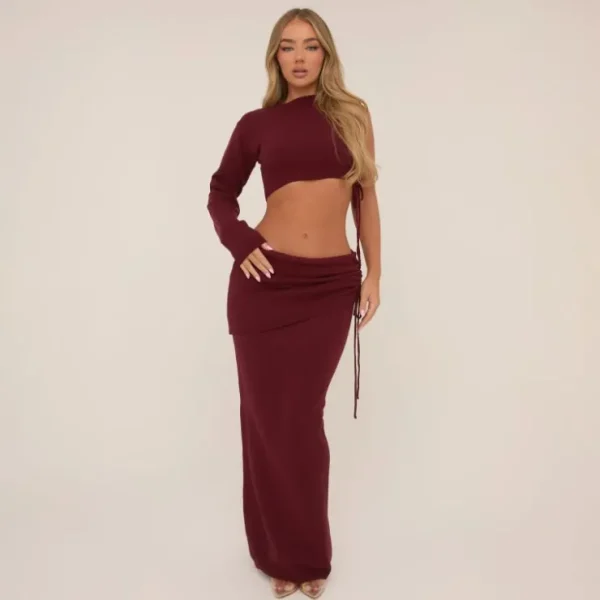 New One Sleeve Ruched Side Crop Top In Burgundy Knit Knitwear | Knitwear