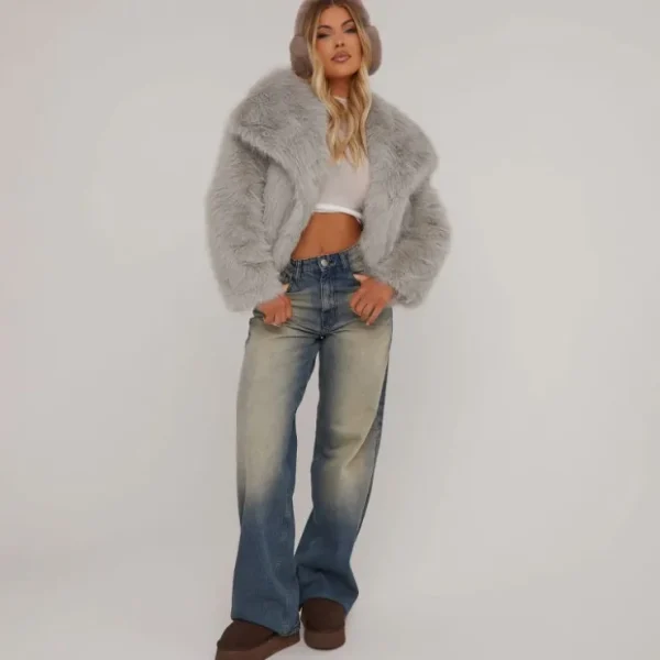 Hot Oversized Collar Detail Cropped Fur Jacket In Coats & Jackets