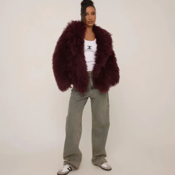 Discount Oversized Collar Shaggy Coat In Burgundy Faux Fur Coats & Jackets | Faux Fur Jackets