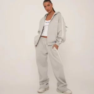 Online Oversized High Waist Contrast Stripe Wide Leg Joggers In Grey Tracksuits | Sweatsuits