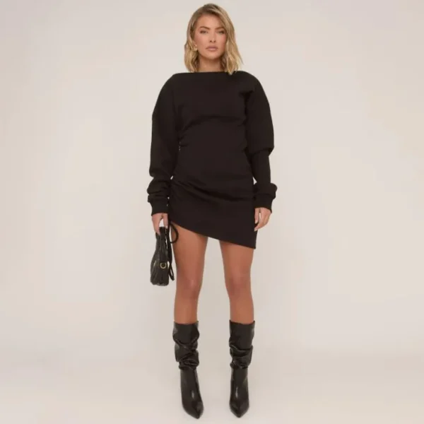 Store Oversized Long Sleeve Ruched Side Mini Sweat Dress In Black Winter Dresses | Long Sleeve Dresses