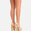 Discount Penn Ankle Strap Square Peep Toe Platform Block Heel In Gold Faux Leather Party Heels | Block Heels
