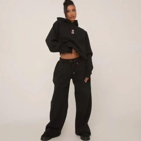 Store Pink Glitter Graphic Wide Leg Joggers In Black Loungewear | Loungewear