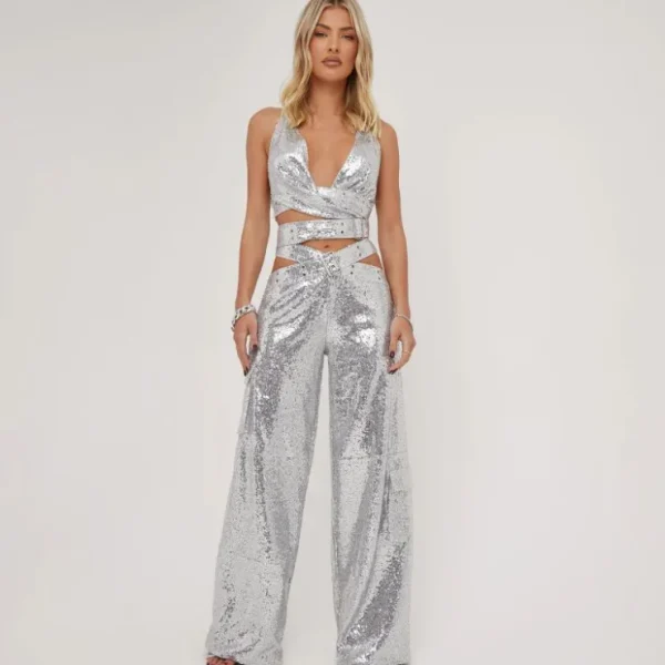 Fashion Plunge Belted Detail Crop Top In Silver Sequin Crop Tops