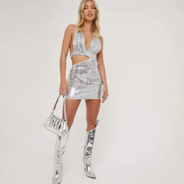 Best Plunge Cut Out Side Multi Buckle Belt Detail Mini Dress In Silver Sequin Cut Out Dresses