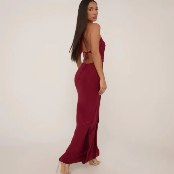 Hot Plunge Drape Front Detail Ruched Maxi Dress In Burgundy Slinky Dresses | Maxi Dresses