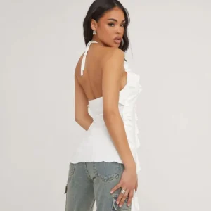 Hot Plunge Halterneck Extreme Frill Detail Top In Ivory Tops | Halter Neck Tops