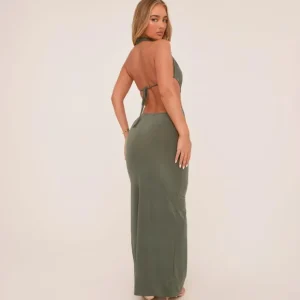 Cheap Plunge Halterneck Knot Front Maxi Dress In Olive Slinky Maxi Dresses | Sexy Dresses