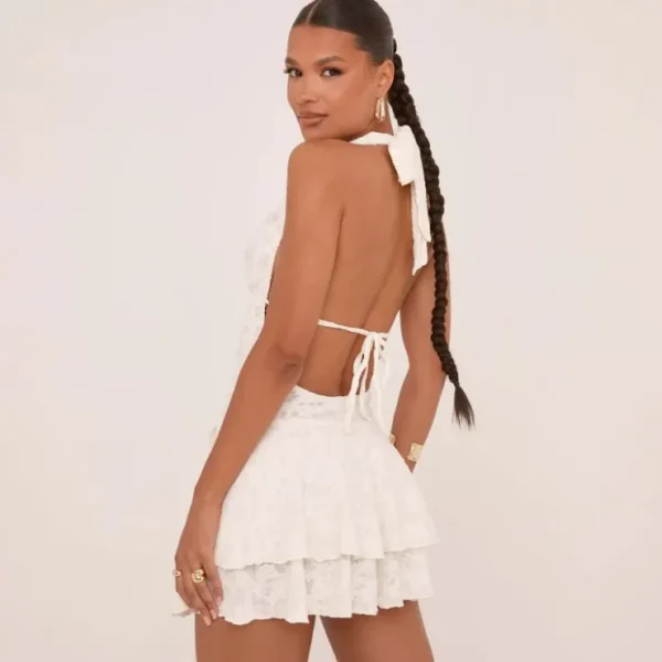Hot Plunge Halterneck Open Back Frill Hem Mini Dress In Texture Halterneck Dresses | Backless Dresses