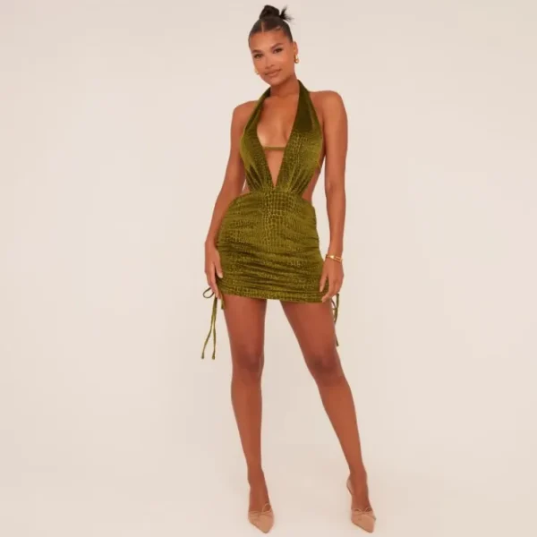 Outlet Plunge Halterneck Ruched Side Tie Back Mini Bodycon Dress In Green Snake Print Velvet Bodycon Dresses | Halterneck Dresses