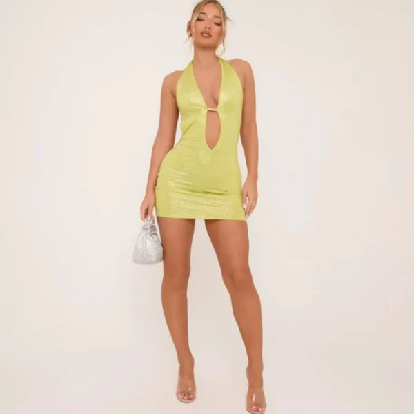Discount Plunge Neck Keyhole Cut Out Mini Bodycon Dress In Lime Green Glitter Cut Out Dresses | Bodycon Dresses