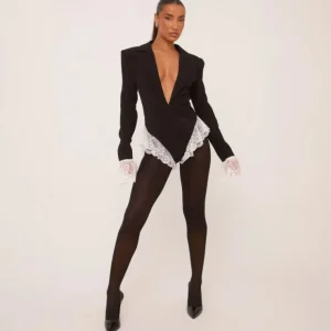 Best Sale Plunge Neck Shoulder Pad Lace Trim Micro Mini Blazer Playsuit In Black Jumpsuits & Playsuits