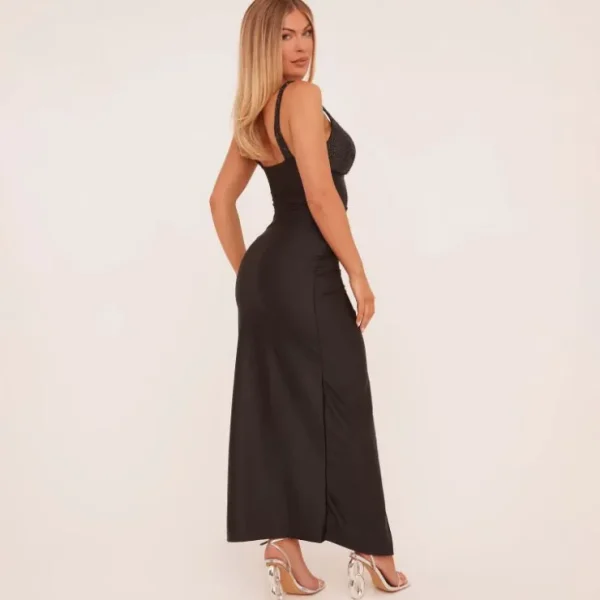 Online Plunge Sequin Bust Detail Split Leg Maxi Dress In Black Maxi Dresses | Basic Dresses
