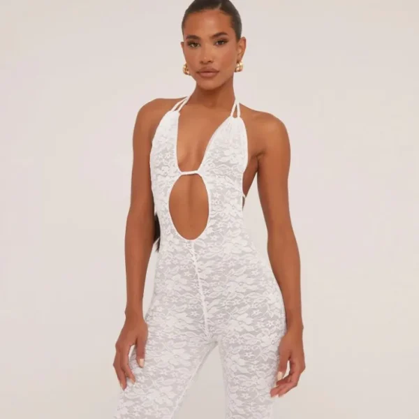 Cheap Plunge Strap Detail Flared Jumpsuit In Lace Jumpsuits & Playsuits