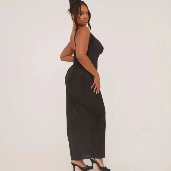 Clearance Plus Cowl Neck Maxi Dress In Black Plisse Plus Size