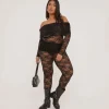 Cheap Plus Fold Over Mid Rise Split Hem Leggings In Black Lace Plus Size