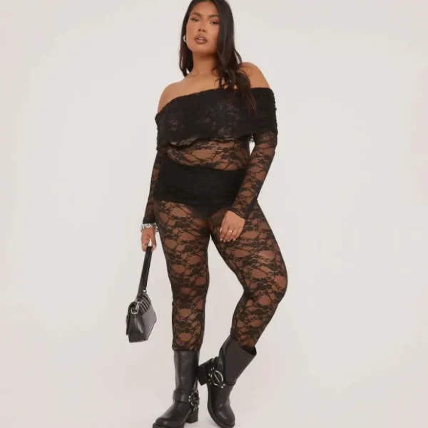 Cheap Plus Fold Over Mid Rise Split Hem Leggings In Black Lace Plus Size