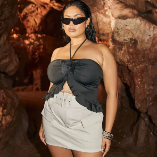 Shop Plus High Waist Belted Cargo Mini Bodycon Skirt In Stone Woven Plus Size