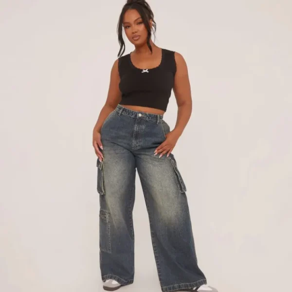 Clearance Plus High Waist Wide Leg Cargo Jeans In Blue Vintage Washed Denim Denim | Plus Size