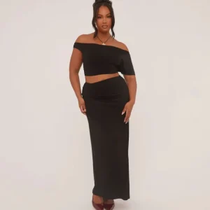 Hot Plus Mid Rise Maxi Skirt In Black Slinky Plus Size