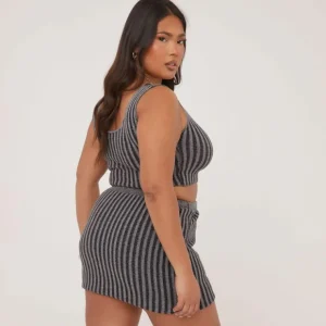 Hot Plus Mini Skirt In Contrast Grey Ribbed Knit Plus Size