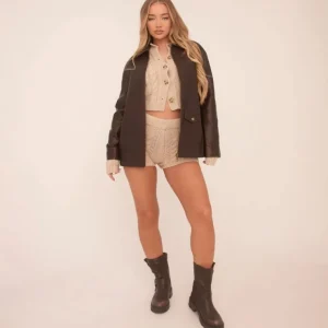 Store Pocket Detail Trucker Jacket In Dark Faux Leather Coats & Jackets | Faux Leather Jackets