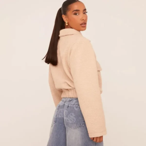 Best Sale Pocket Detail Zip Front Trucker Jacket In Stone Borg Coats & Jackets