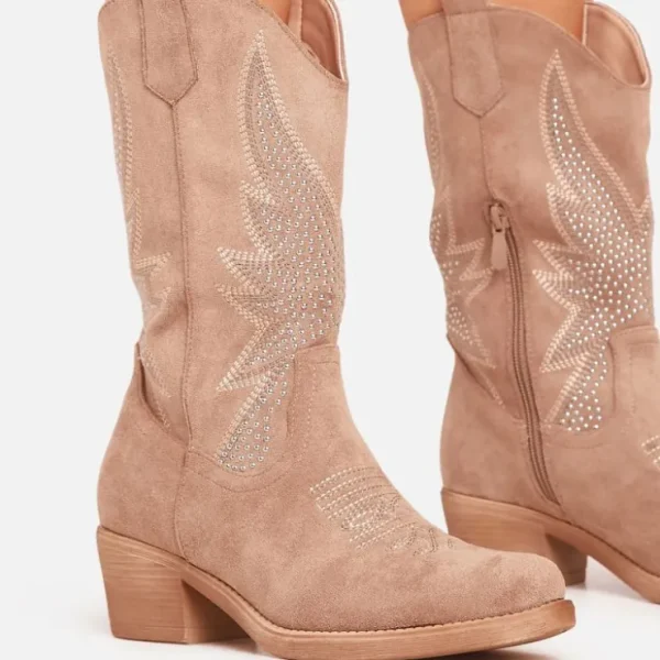 Clearance Rambler Diamante Embroidered Detail Mid Calf Western Cowboy Boot In Faux Suede BOY Ankle Boots | Calf Boots