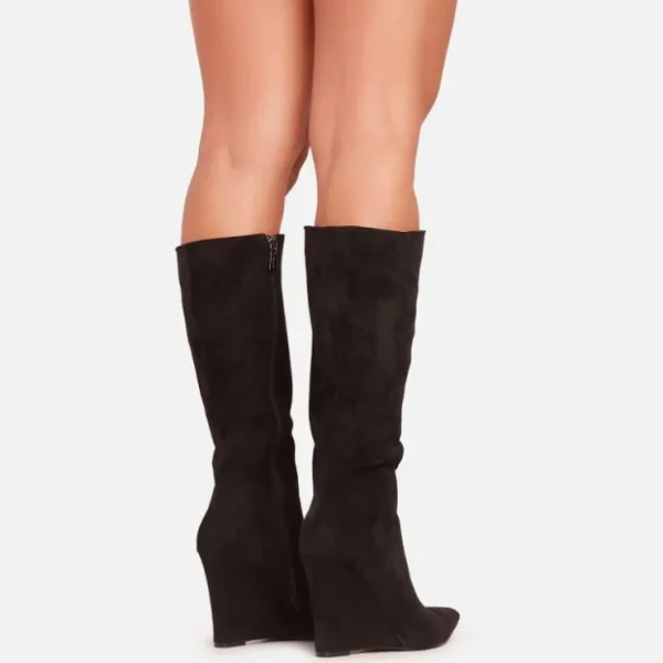 Clearance Rex Pointed Toe Wedge Heel Knee High Long Boot In Faux Suede Biker Boots | Calf Boots