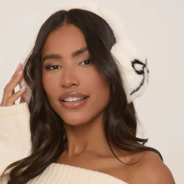 Clearance Ribbon Print Detail Earmuffs In Faux Fur Hats