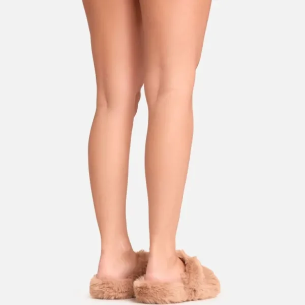 Sale Roost Logo Detail Double Strap Flat Slipper In Tan Faux Fur Slippers | Slippers