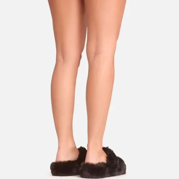 New Roost Logo Detail Double Strap Flat Slipper In Faux Fur Slippers | Slippers