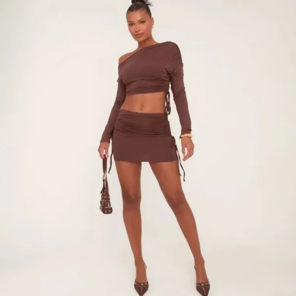 New Ruched Detail Off The Shoulder Long Sleeve Crop Top And Low Rise Mini Skirt Co-Ord Set In Brown Slinky Skirt And Top Sets | Long Sleeve Crop Tops