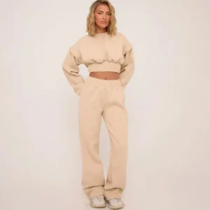 Cheap Ruched Waist Wide Leg Joggers In Stone Winter Matching Sets