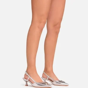 Online Safari Ring Detail Pointed Toe Slingback Court Kitten Heel In Faux Leather Court Heels | Kitten Heels