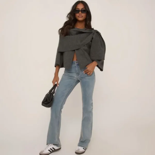 Cheap Scarf Detail Wool Look Jacket In Grey Coats & Jackets