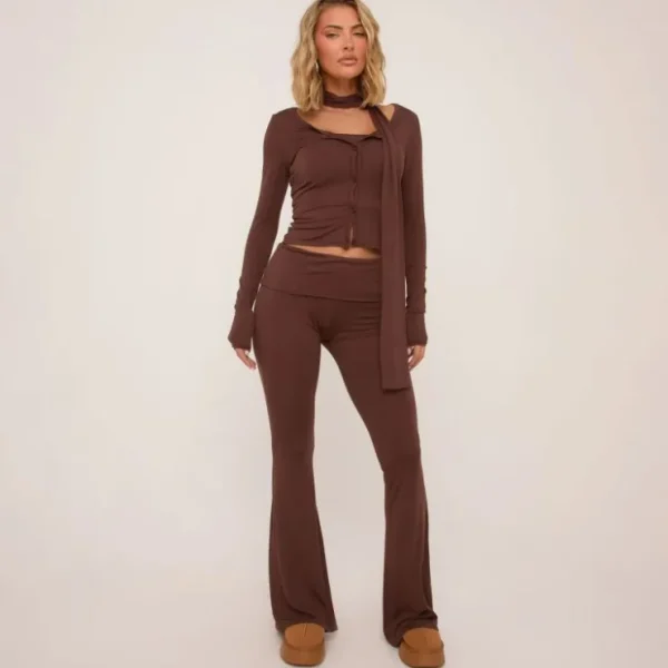 New Scoop Neck Button Up Cardigan With Matching Scarf In Chocolate Brown Winter Outfits | Winter Matching Sets