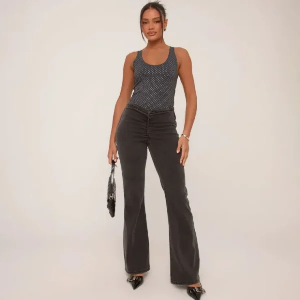 Cheap Scoop Neck Diamante Bodysuit In Charcoal Grey Tops | Winter Outfits