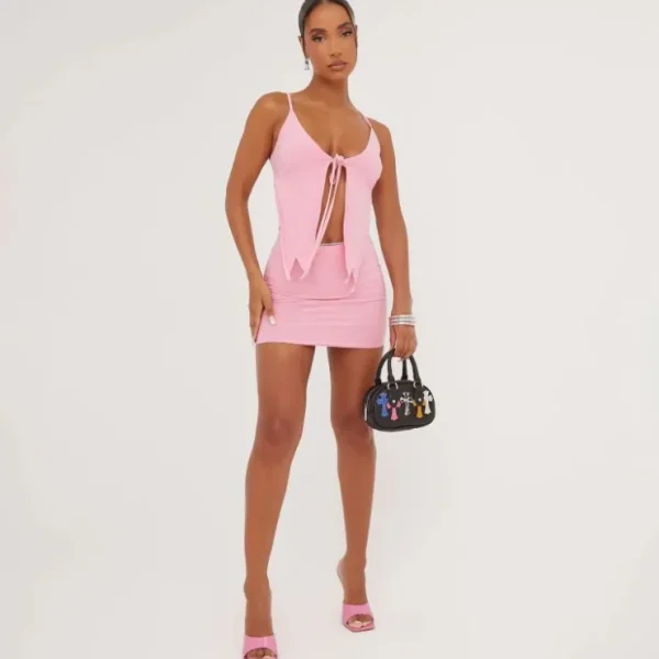 Best Sale Scoop Neck Tie Front Frill Detail Top In Pink Winter Sun