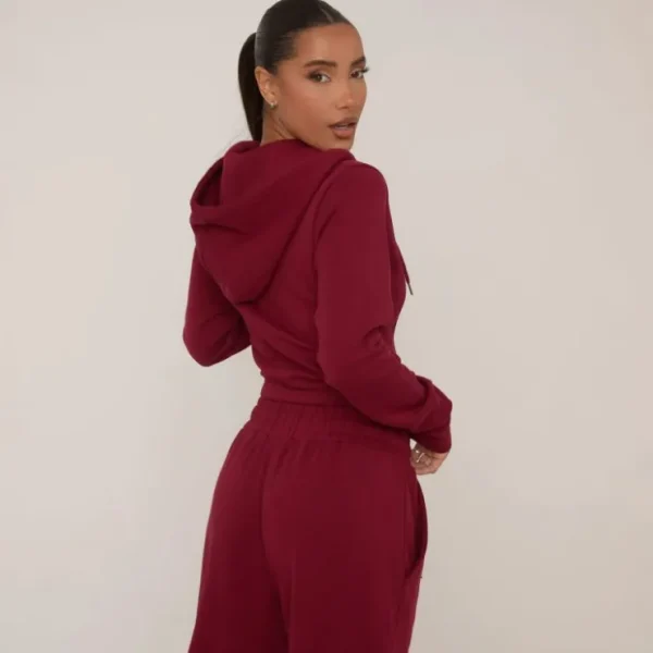 Hot Seam Detail Zip Through Hoodie In Burgundy Basic Tops | Hoodies