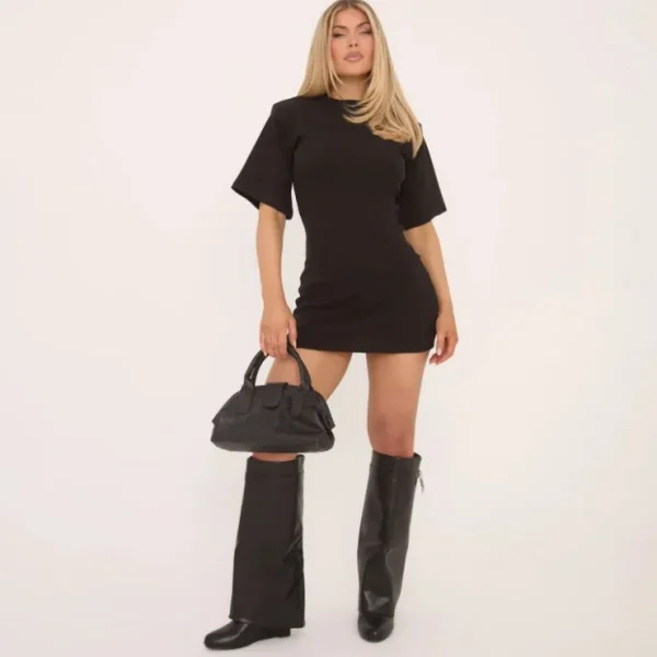 Cheap Short Boxy Sleeve Shoulder Pads Seam Detail Sweat Mini Dress In Black T-Shirt Dresses | Basic Dresses